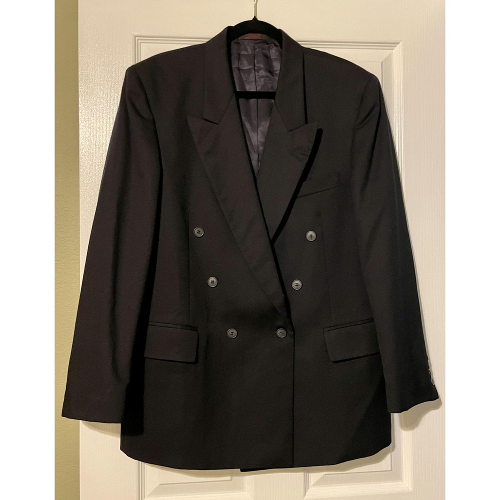 Andre Villard Blazer Sport Coat Mens 44 Black 100% Wool Double Breasted Poland